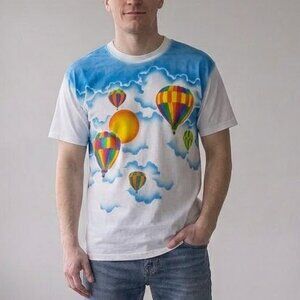 Vintage 90s Tee Hot Air Balloons Clouds All Over Print Sears T-Shirt Men's XL